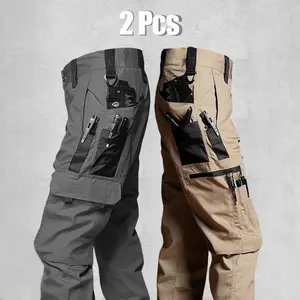 Men's durable outdoor pants, men's multi pocket work pants, men's solid color printed pocket zipper waterproof tactical work pants (without waistband), regular fit sports pocket durable autumn pants. gift