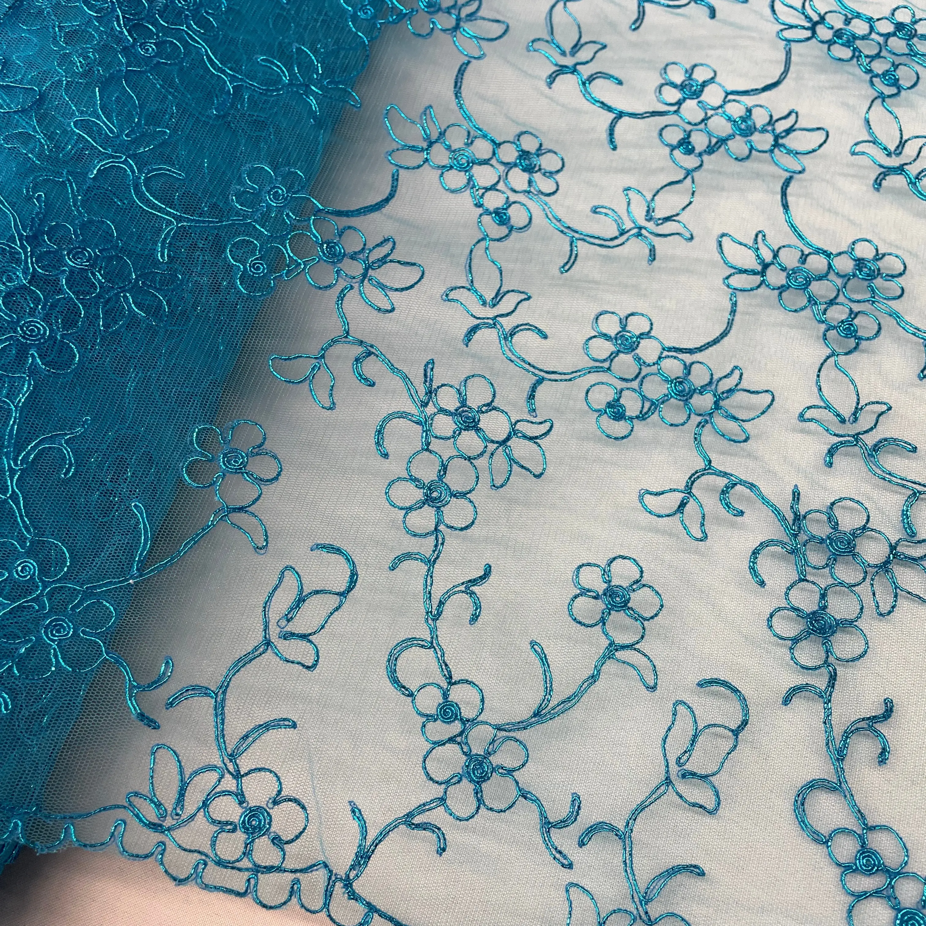 Corded Floral Lace Fabric, Embroidered on 100% Polyester Net Mesh - Lace USA 91192W, Floral Lace Mesh