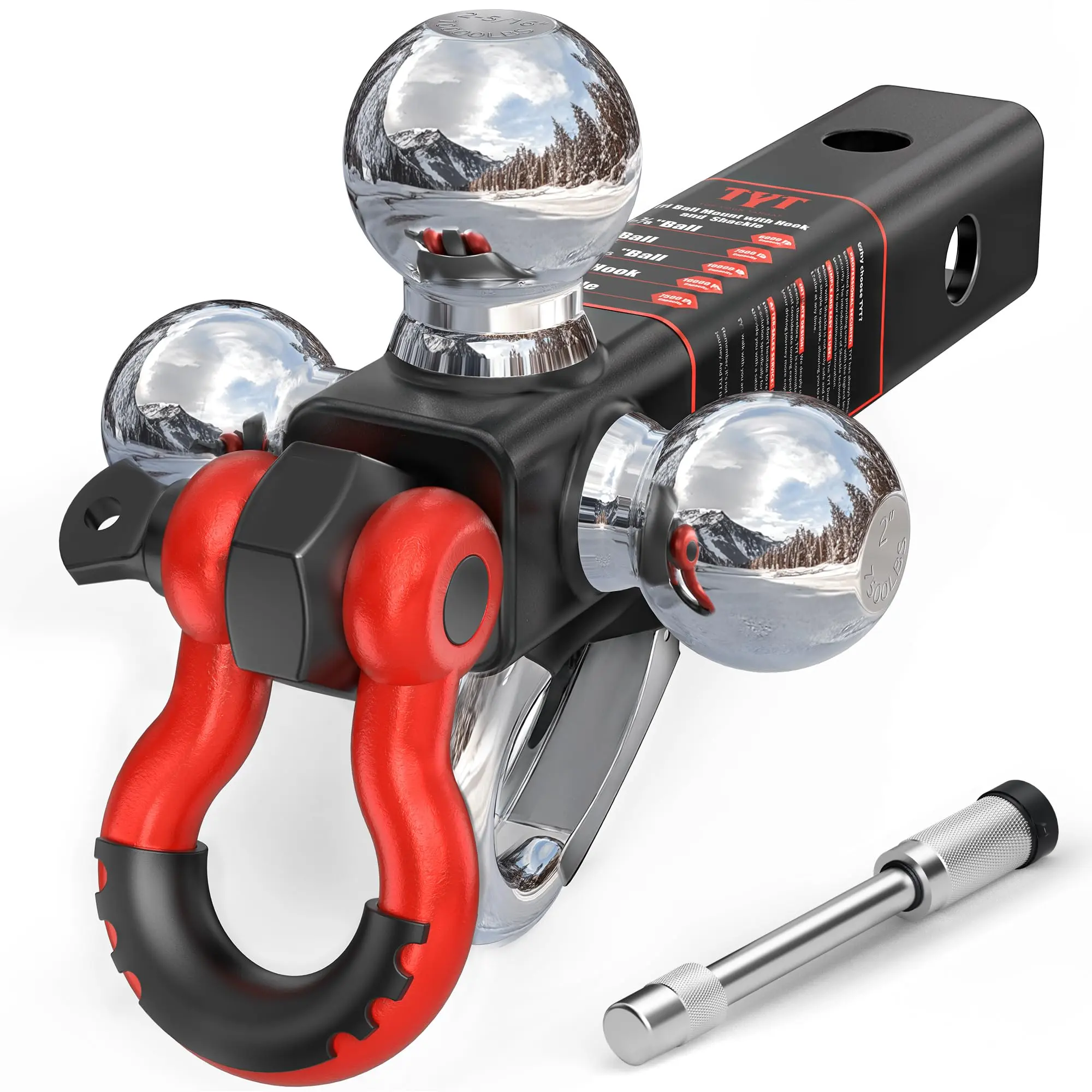 Hot TYT Tri Ball Mount Trailer Hitch ，Fits 2 inch Receiver, Triple Balls (1-7/8", 2", 2-5/16") with Tow Hook & Shackle,10,000lbs GTW,1,000 lbs Tongue Weight, Includes Hitch Pin Lock