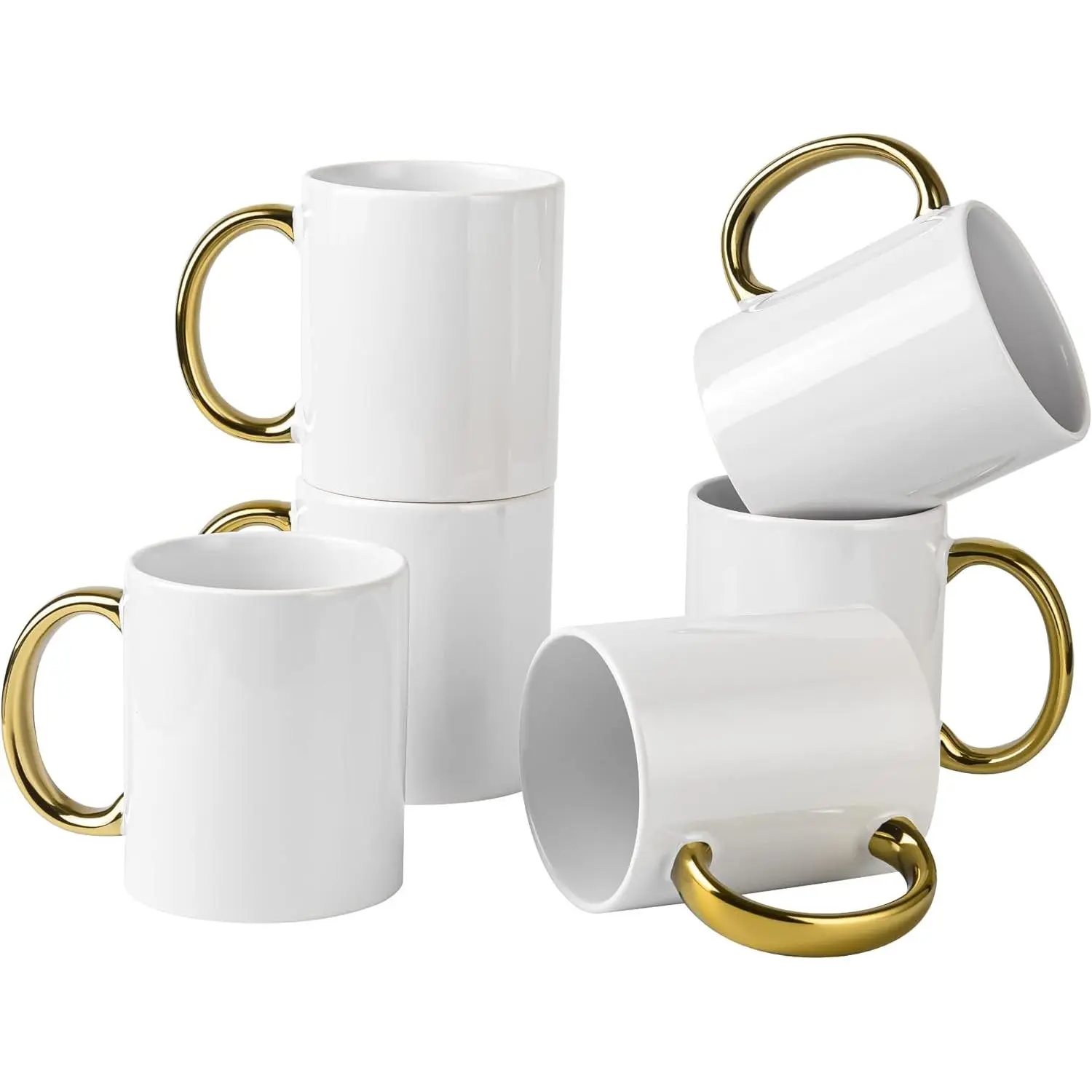 12 oz Set of 6 White Mugs Sublimation Blank Mugs DIY Coated Ceramic Mugs for Coffee Tea, latte, Cappuccino Cocoa or DIY Gifts White/Gold