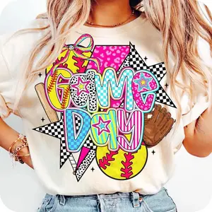 Softball Game Day Mom T-Shirt Game Day T-Shirt Softball Graphic Tee Checkered Star Sports Shirt Cute Game Day Outfit for Women