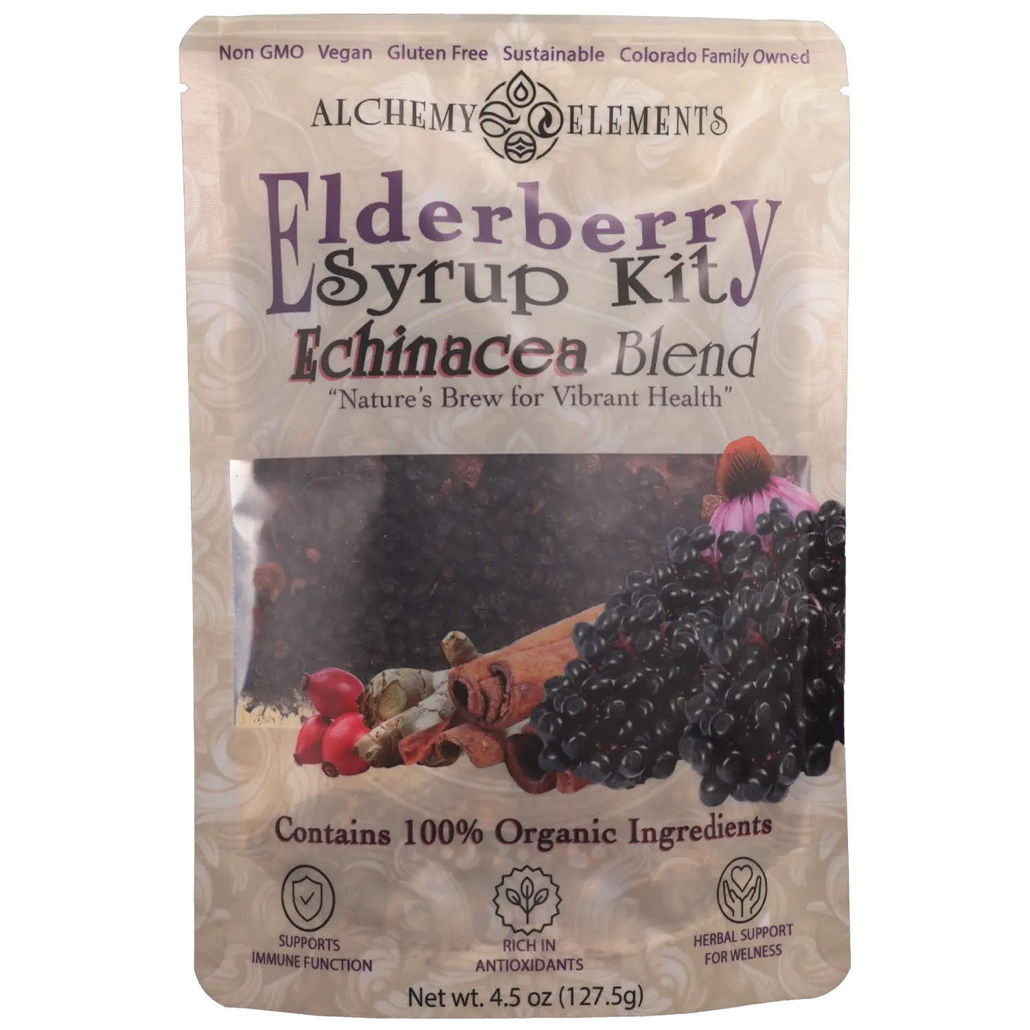 Organic Elderberry Syrup DIY Kit w/ Echinacea Makes 32 oz with Rose Hips, Ginger & Cloves | Alchemy Elements