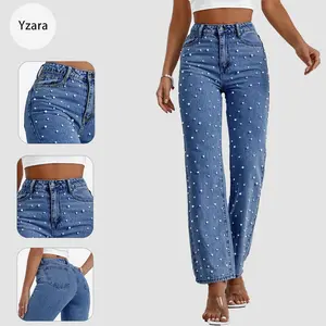 Elegant Women's Straight Leg Pearl Jeans Baggy High Waisted Casual Boyfriend Sparkly Denim Pant Trouser Middle Wash Cotton Blend