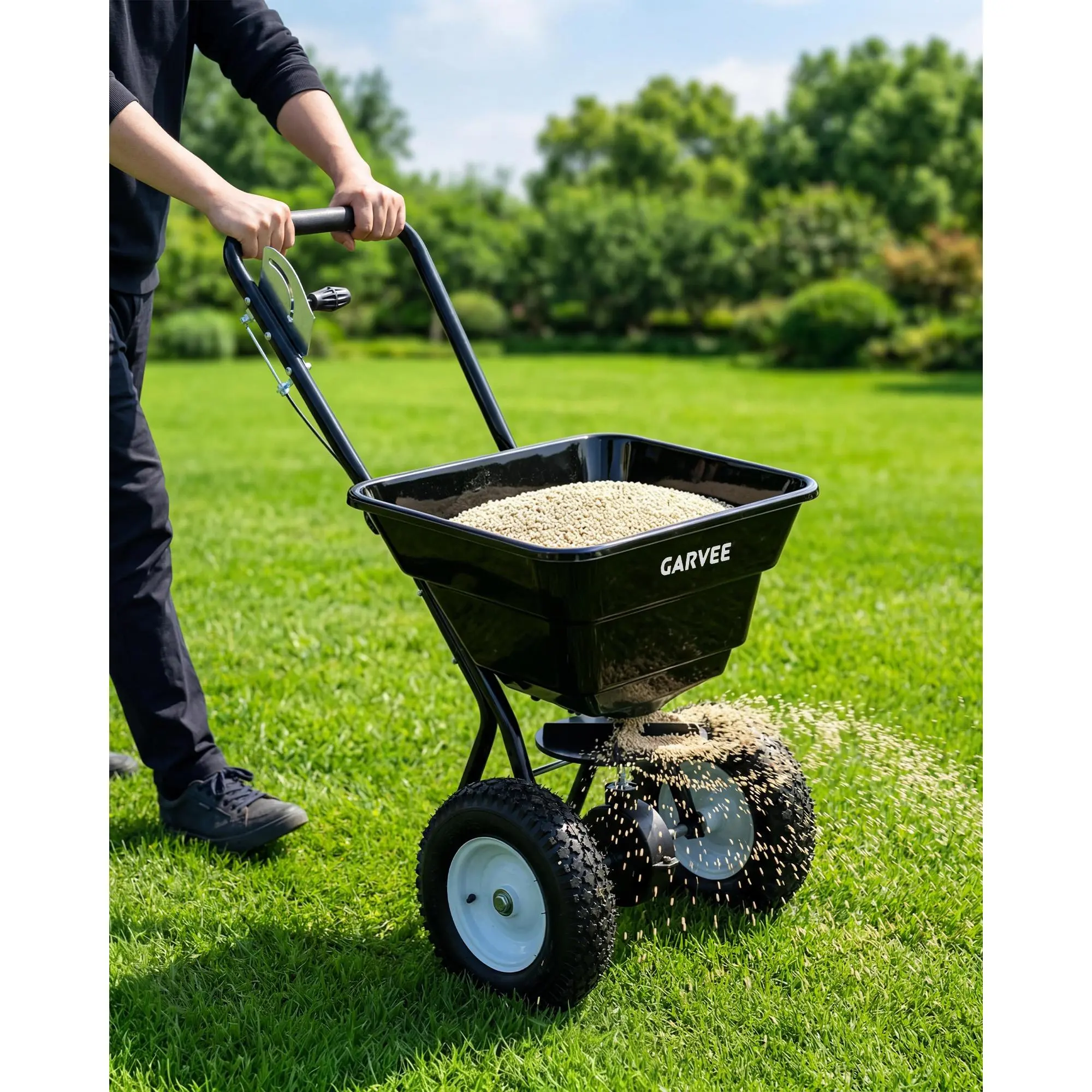 Tow Behind Lawn Spreader for Garden and Yard, Heavy Duty Broadcast Spreader with Adjustable Feed Rate, Universal Trailer Hitch, Wide Coverage for Fertilizing, Seeding, Salting, and Ice Melting