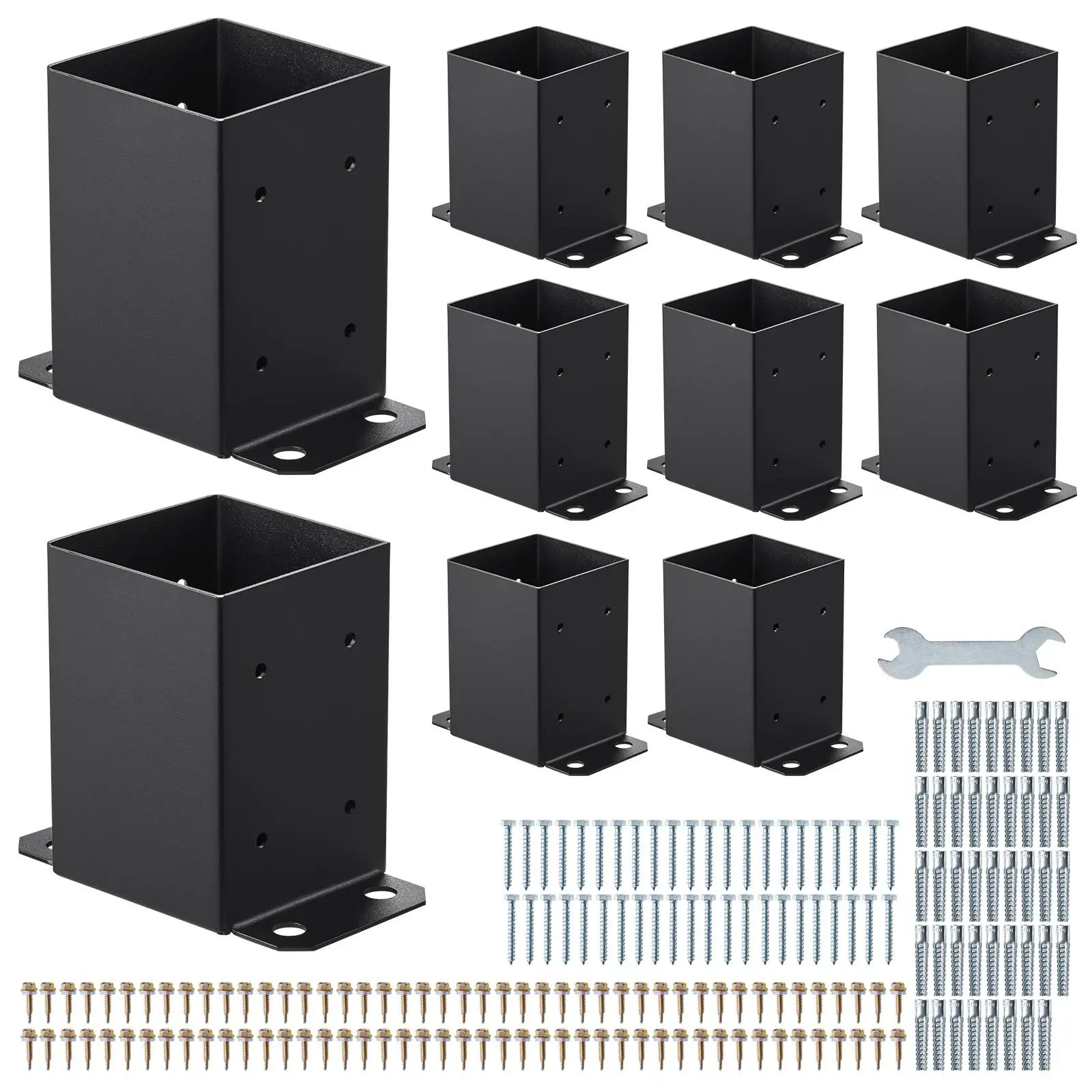 VEVOR 4x4 Post Base (10 Pcs Full Kit) with Anchor Screws & Open-End Wrench, Inner 3.6" (91.44mm) Anti-Wobble Carbon Steel Brackets for Concrete/Wood Pergola Rails Deck Support, Black