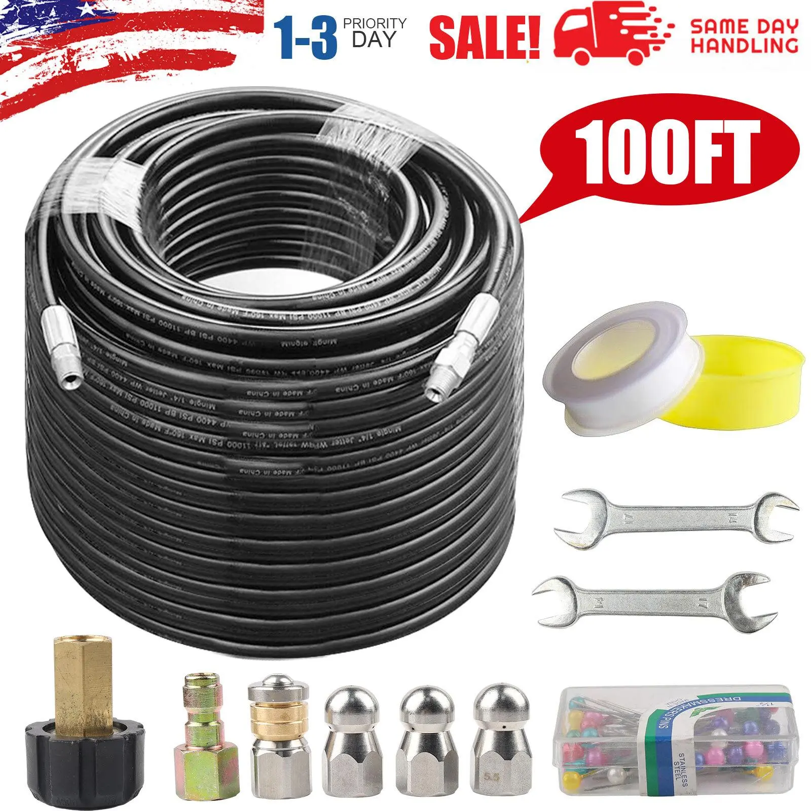 DIY Plumbing Hack Sewer Jetter Kit 100FT Hydro Drain Cleaner Hose For Pressure Washer 5800 PSI Attachment 4 Rotating Nozzles Unclog Pipe