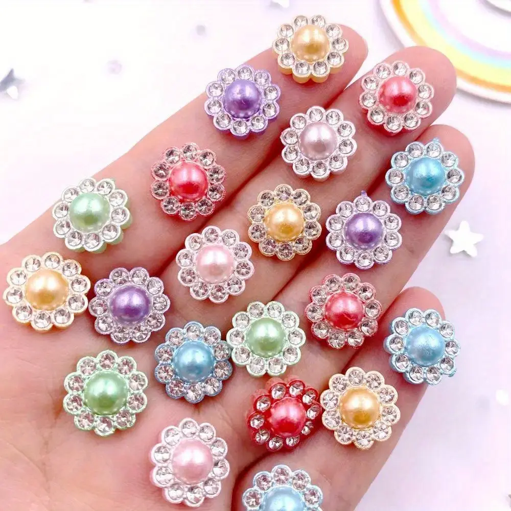 30pcs 12mm Resin Flower Round Pearl Flat back Gemstones Resin Rhinestones Embellished Sparkle Applique Wedding Christmas DIY Scrapbook Crafts Accessories Jewelry Making Supplies