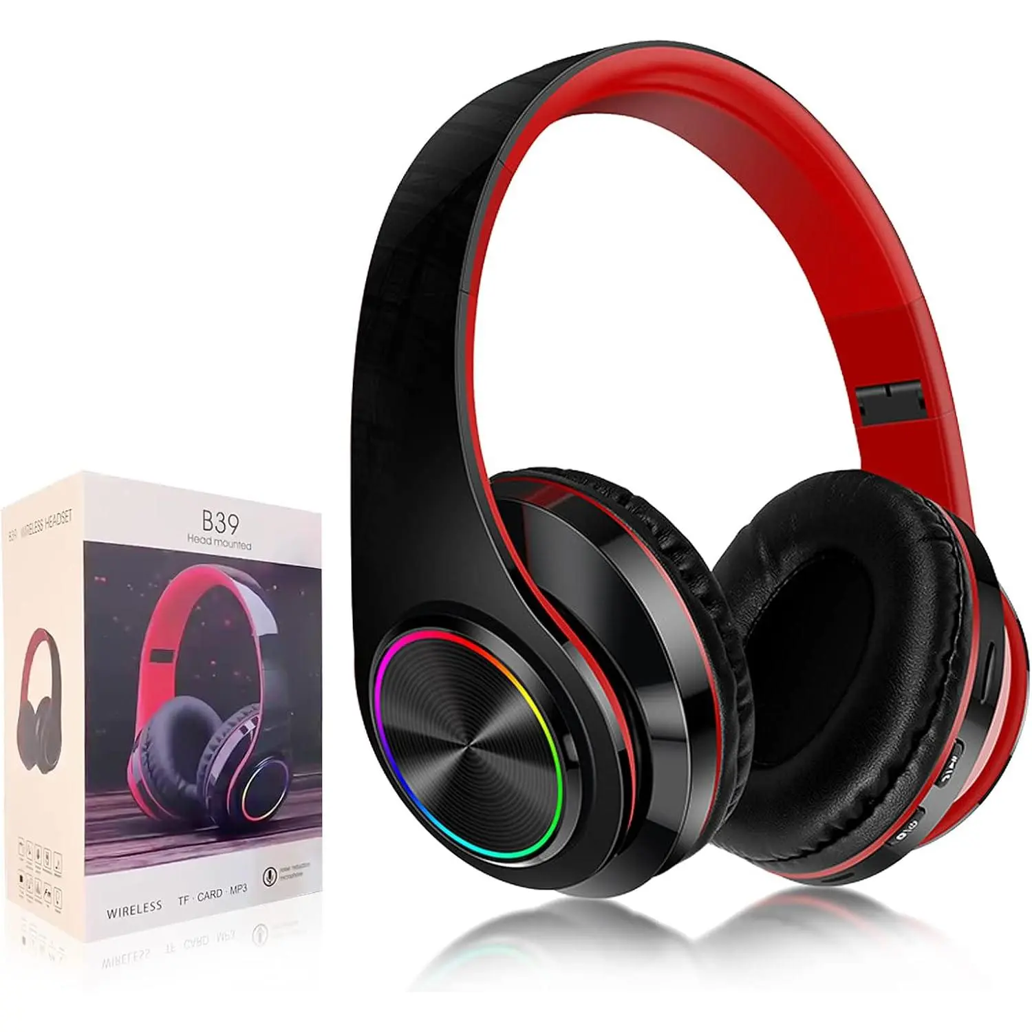 B39 32ohm Over-Ear Gaming Headphones - Bluetooth Audio Headset with Foldable LED Stereo, Active Noise Cancellation, Built-in Microphone, Plastic Build, USB Charging Cable for PC, Smart Phone (Black & Red)