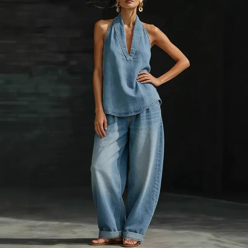 Women's Denim 2 Piece Set Casual Halter Deep V Neck Top and Baggy Wide Leg Jeans Matching Outfit Y2K Streetwear Summer Sleeveless  Co-ord Relaxed Fit Everyday Wear Two Piece Jean Suit Lounge Lounge Chic Effortless Fashion Plus Size Friendly
