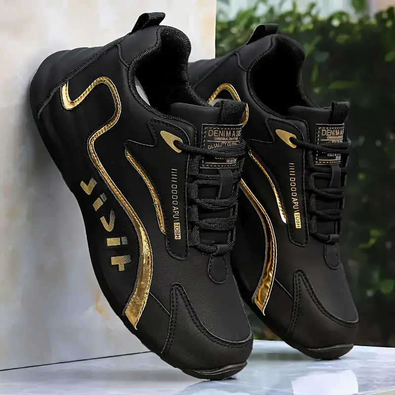 Men’s All Black Casual Trainers - Breathable Mesh PU Athletic Shoes, Sporty Casual Footwear with Gold Accents, Lightweight Low-Profile PVC Sole for Gym, Daily Commute, Trendy Mesh Sneakers