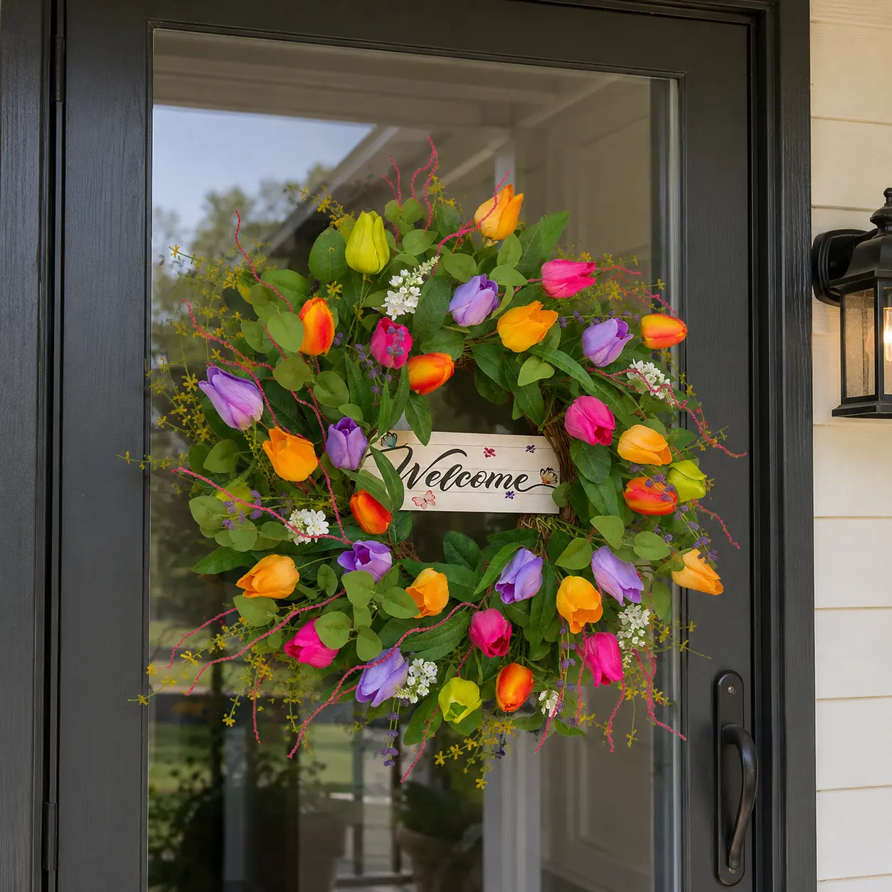 WreathQueen 24 in UV-Resistant Fabric Blend Artificial Floral Wreath - Colorful, Bright and Cheerful, Layered Decorative Look, 4 Styles, Farmhouse Welcome Sign Pops for Front Door Outdoor Porch, Everyday Use Home Accent
