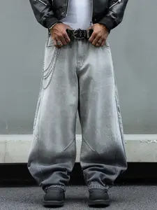 Casual Loose Fit Distressed Curved Knife Flared Leg Jeans Baggy Washed Grey Street Hang Out Distressed Jeans For Punk