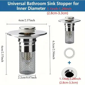 Universal Pop-Up Sink Drain Stopper, Stainless Steel Filter Basket, Bathroom Sink Strainer, Drain Protector, Easy Installation, Durable and Long-Lasting