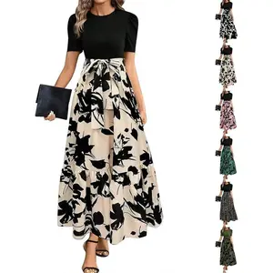 Long Floral Dresses for Women 2025 Business Casual Elegant Tie Waist Work Maxi Dress Short Sleeve Modest Flowy Dress