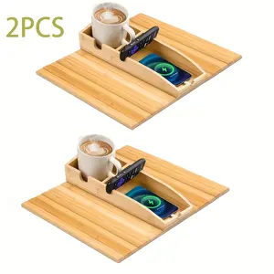 2set Bamboo Sofa & Couch Cup Holder TraySofa Arm Tray Tbale, Arm Chair Table, ServiceTable for Drinks/Phones/Snacks Family-Safe Anti-Spill Design |Clamps on Couches, Beds, Bathtubs