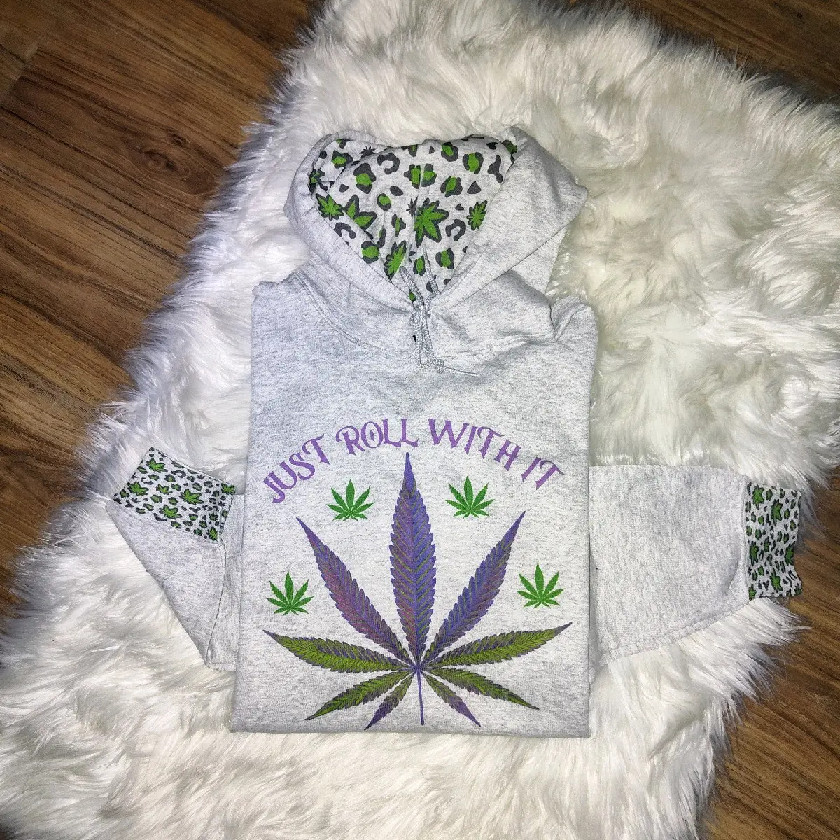 Just Roll With It Hoodie Leopard Print 420 Leaf Purple Green Leaves Cute Graphic Sublimation Stylish Comfort Comfortable