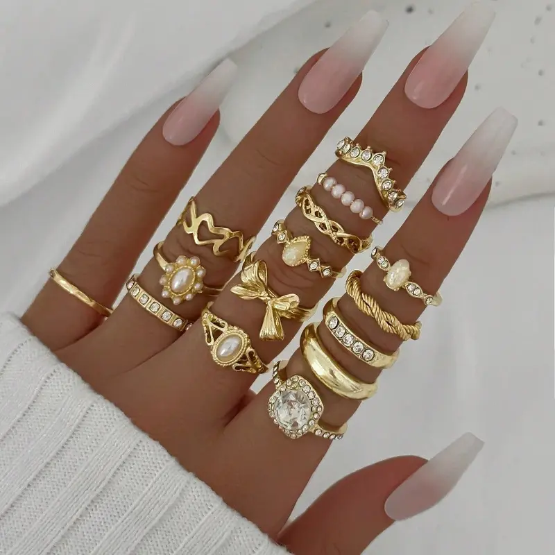 15 Pcs/Set European American INS Style Ring Set - Faux Pearl Flower Geometric Bowknot Rings - Stylish Bowknot Ring Set for Women, Perfect for Daily Wear, Vacation & Gifting