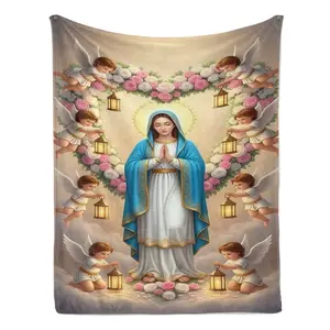 Our Lady of Guadalupe with Cherub Heart Wreath Flannel Blanket Soft Cozy Plush Throw Perfect Religious Gift for Catholics Christians Warm Snuggle Blanket for Bedroom Prayer Room Elegant Sacred Art Design