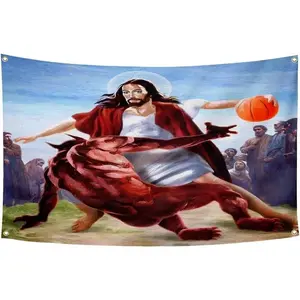 Jesus In Basketball Tapestry Flag (3x5ft,Heavy Duty,150D Polyester) College Dorm Room Man Cave Frat Wall Outdoor Poster, Large Decor ColorfulTapestry Decor NCR Republic California