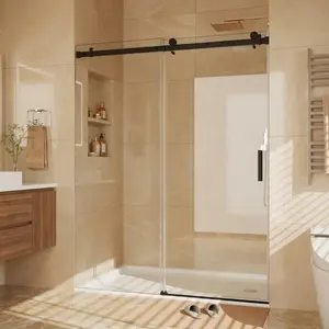 Garvee Frameless Sliding Shower Door 56-60"W x 76"H, 8mm Clear Tempered Glass with Stainless Steel Square Rail and Matte Black Handle, Easy-Clean Adjustable Door for Walk-In Shower