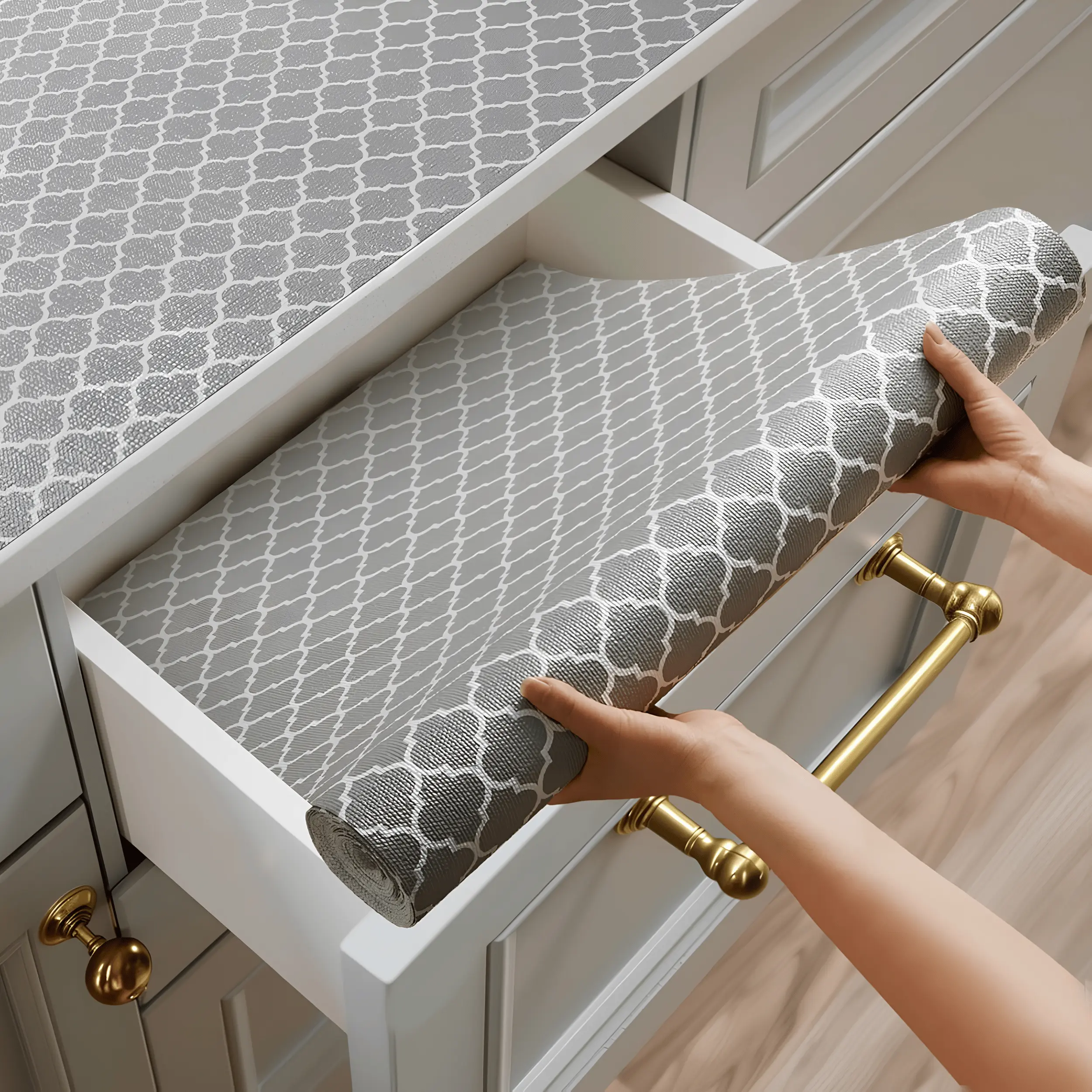 12 Inch x 10 FT Non-Adhesive Shelf & Drawer Liner Non-Slip Waterproof Cabinet Shelf Liner, Thick Grip Shelf Paper for Kitchen Cabinets, Cupboards, Pantry, Dresser Drawers, Refrigerator Shelves, Gray