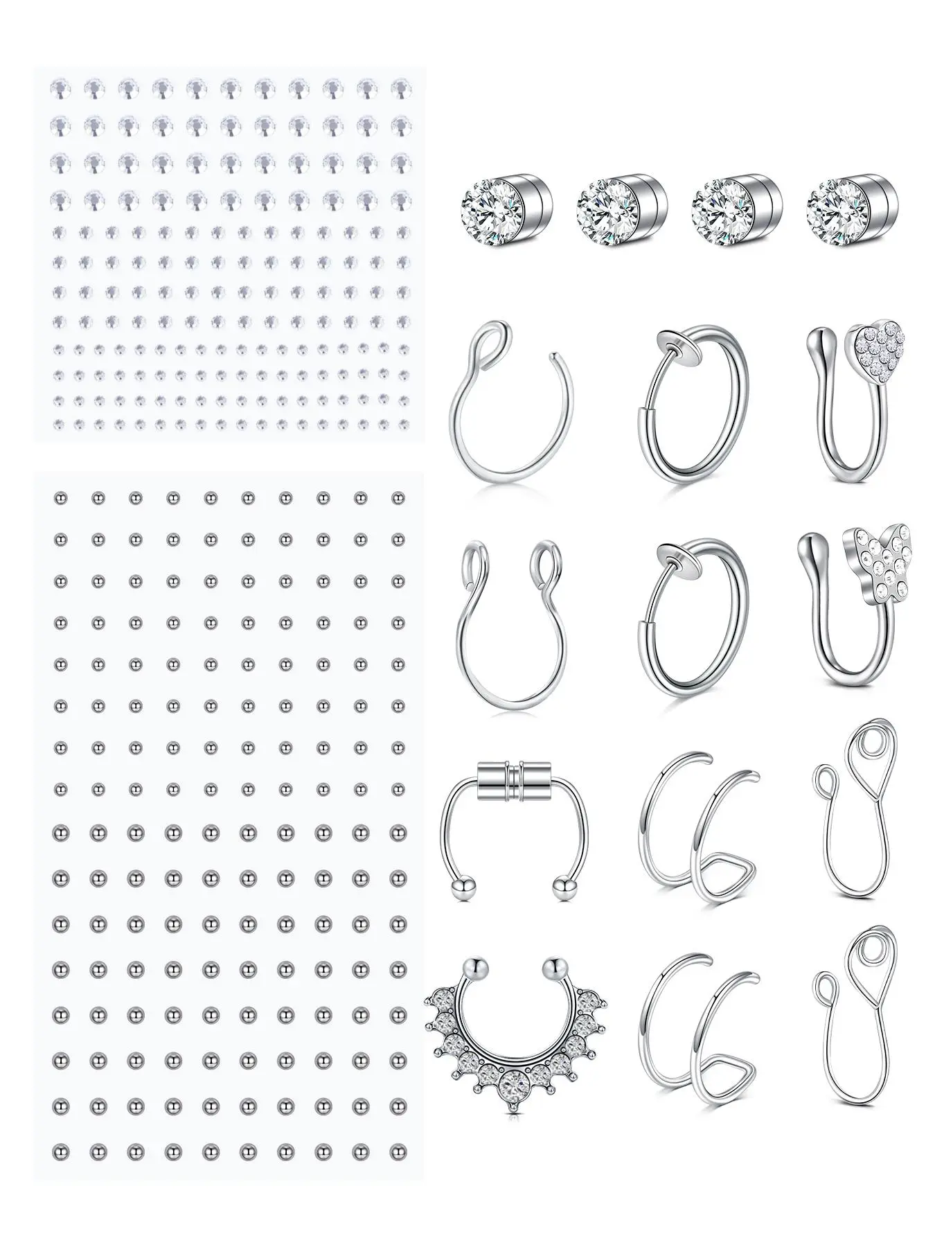 Fake Eyebrow and Lip Studs, Magnetic Nose Ring, Stainless Steel Studs, Rhinestone Stickers, No-Piercing Body Jewelry, Body Jewelry Kit, Body Jewelry Set