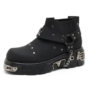 Chelsea Boots Men's Dark Rock Punk Metal Low-Top Short Boots Men's Trendy Cyber Derby Leather Shoes black daily walk Footwear black boots for men and women