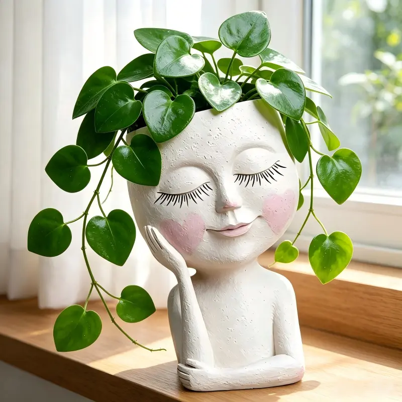 Pricetail Resin Closed-Eye Smile Planter - Tilted Head, 1-Hand Hold Design, Drainage Hole, Lightweight, 3.15"d x 4.72"w x 7.08"h, for Indoor Trailing Succulents, Living Room Decor, Mother's Day Gift for Plant Lovers