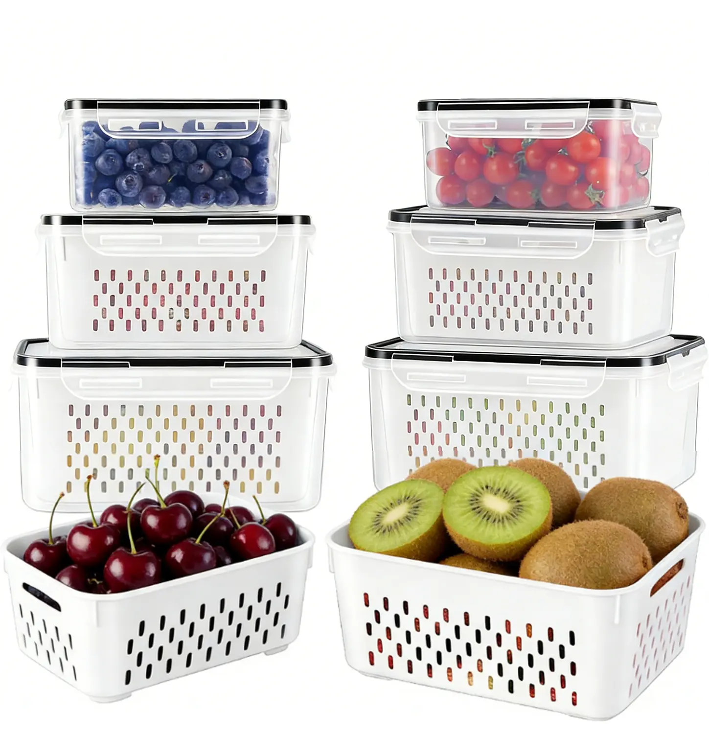 8/10/12/16 pcs Fridge Organizers and Storage Stackable Fruit Storage Container for Fridge with Removable Colander, BPA-Free Food Storage Container for Salad Berry Vegetable Meat Keeper Fresh Containers, Kitchen, Utensils,summerwins