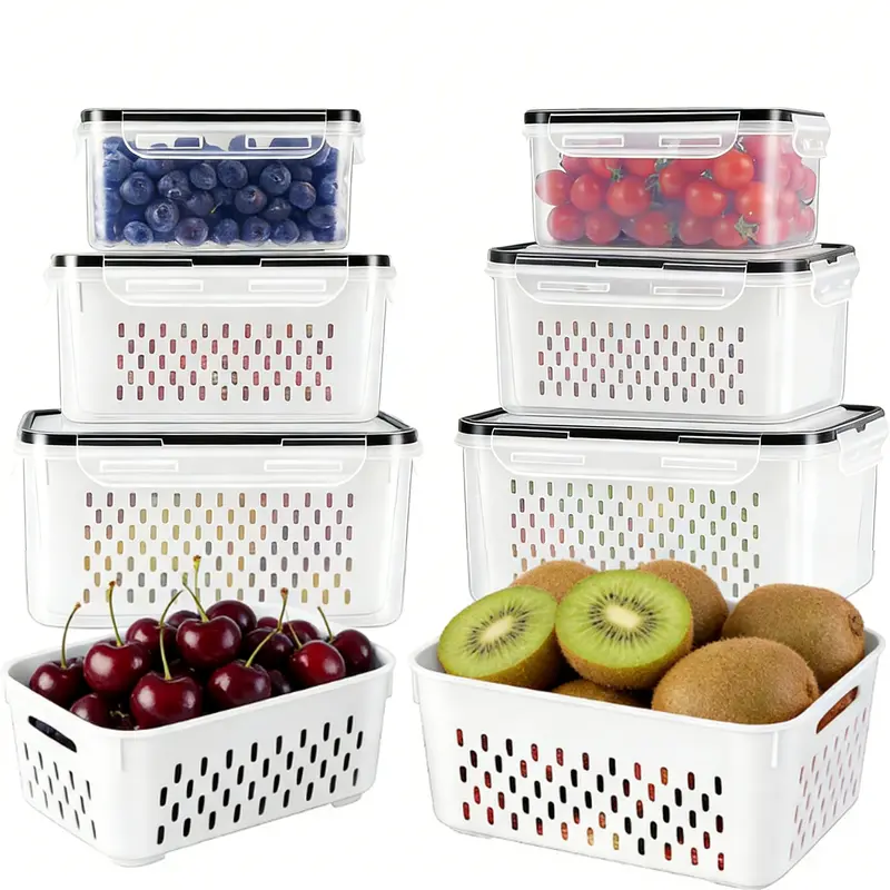 BPA-Free PP Plastic Rectangular Fridge Organizer Bins (8/10/12/16 Pcs; 10 Pcs:5 Containers,5 Built-in Colanders) - Stackable Nesting Airtight Kitchen Gadgets for Daily Use Fruit,Vegetable Organizer Storage (Microwave-Safe Lids Not)