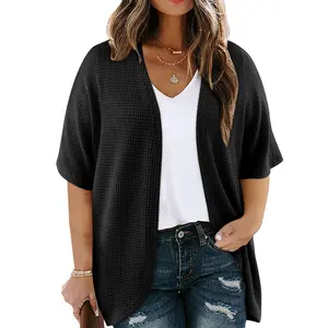 Eytino Womens Plus Size Cardigan Casual Short Sleeve Waffle Knit Kimono Open Front Tops(1X-5X)