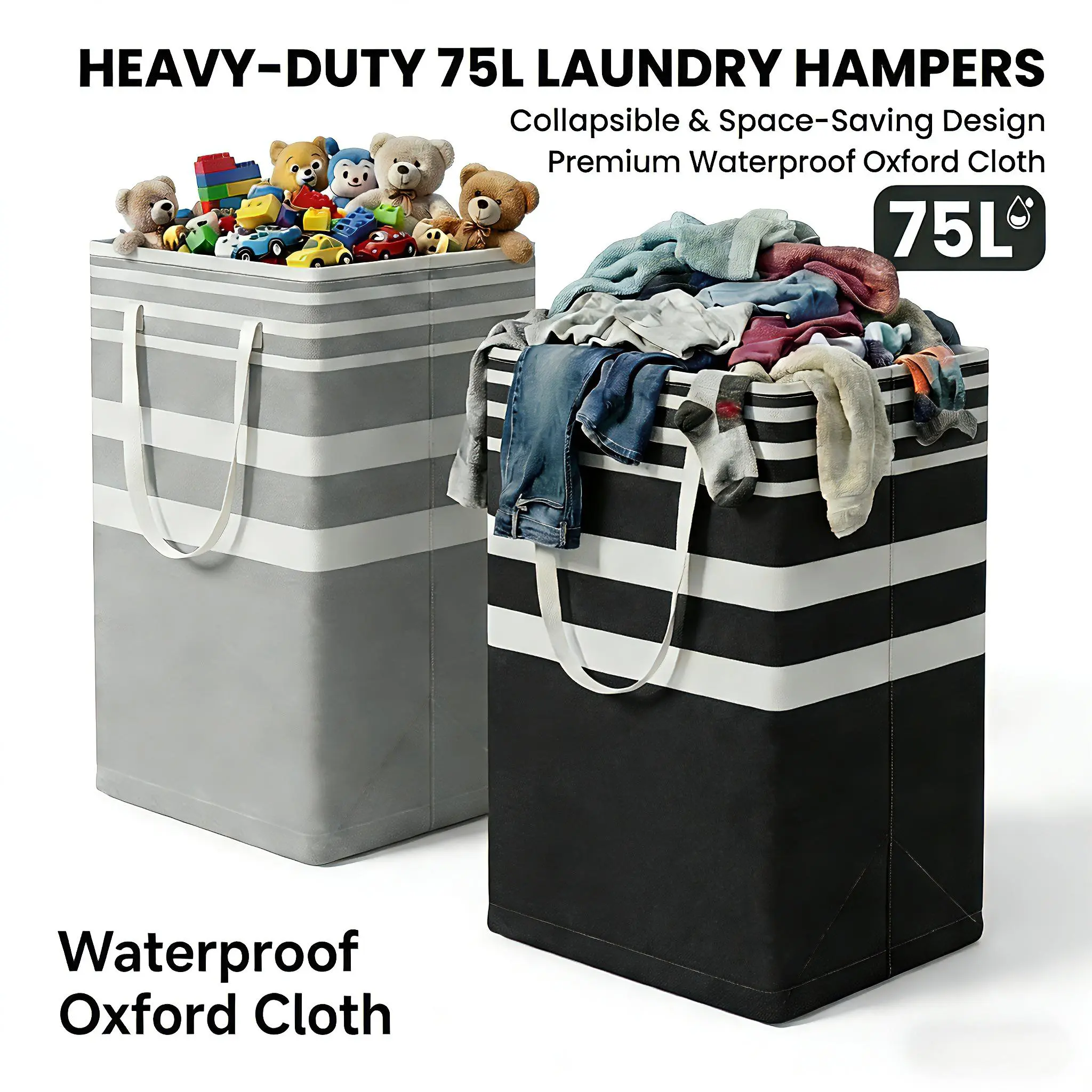 2-Pack/4-Pack 75L Large Waterproof Laundry Baskets, Freestanding Collapsible Travel Organizer Hamper with Easy-Carry Handle, Suitable for Home/Dorm Clothes, Towels, Toys (Black/Gray) Practical Multifunctional Travel Essential
