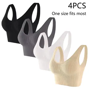 4-Pack Seamless Ribbed One-Size Sports Bras for Women Comfortable Breathable Everyday Bralettes with Removable Pads Wire-Free Anti-Exposure Solid Color V-Neck Stylish Back Design