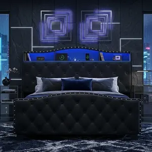[SummerWins]Belffin Queen/King Velvet Wingback Bed Frame with 50.9” Tall Headboard, LED Lights, Storage Shelf & Charging Station, Button Tufted Footboard, No Box Spring Needed, Noise-Free – Black/White，Fathersday