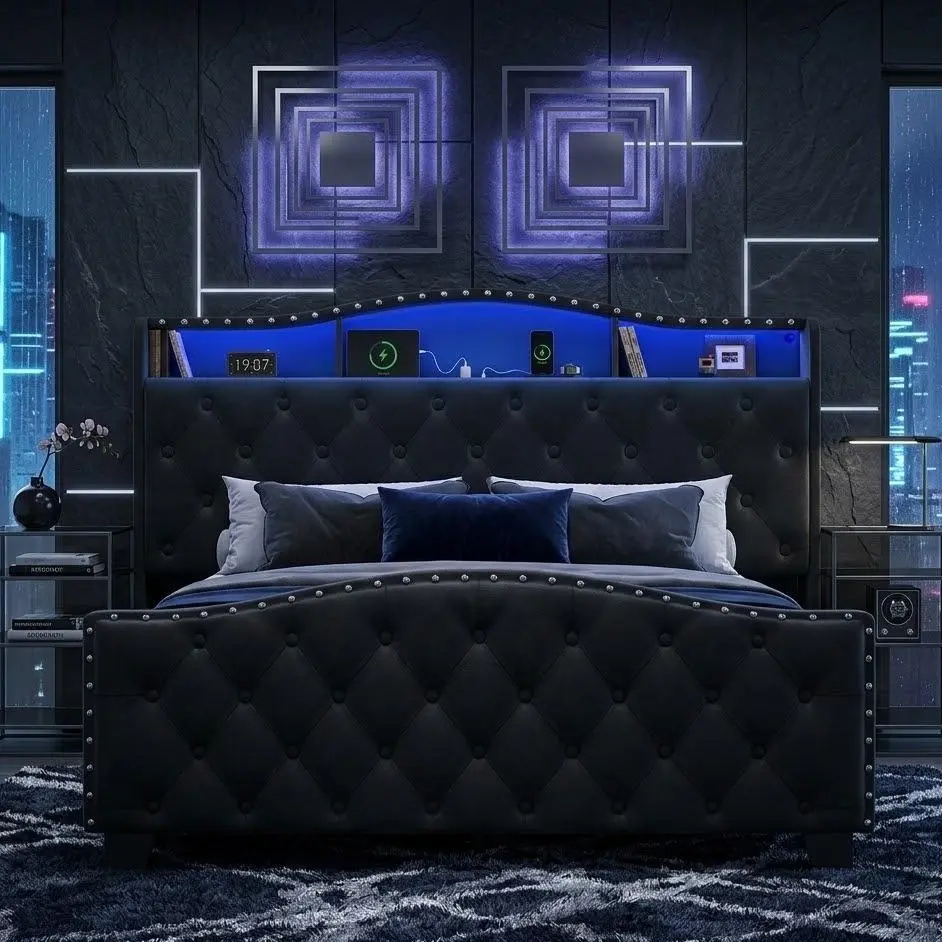 [Summer Sale Deals]Belffin Queen/King Velvet Wingback Bed Frame with 50.9” Tall Headboard, LED Lights, Storage Shelf & Charging Station, Button Tufted Footboard, No Box Spring Needed, Noise-Free – Black/White，Fathersday