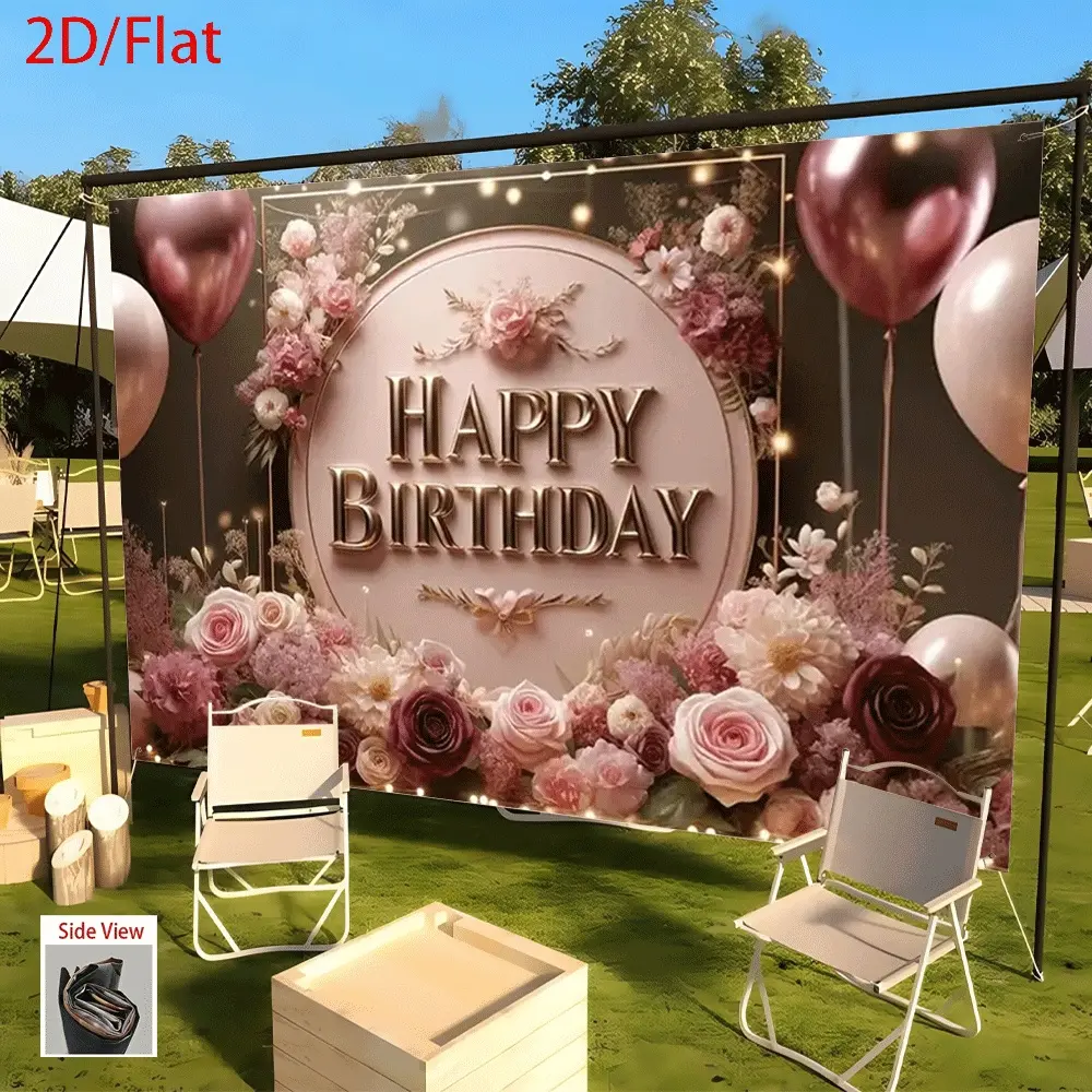 Party Banner Backdrop - Floral Happy Birthday Decor with Pink Roses & Golden Lettering, Polyester Fabric for Weddings, Birthdays, Bars, Home & Office Decor, No Electricity Needed, Birthday Party Decorations, Indoor Outdoor Decor Ornaments Flower,summervib