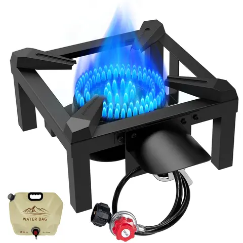 Bestfire 10-in Portable Cast Iron Single Burner Outdoor Camping Stove, 100000 BTU High Flame, 10"×10" Wide Heat, CSA-Certified Adjustable High-Pressure Regulator, Shielded Base, Portable for Tailgating Parties, Hiking Gear