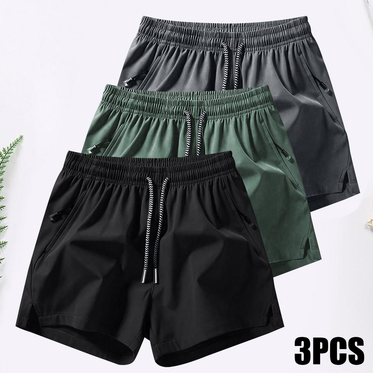 Men's 3PCS Plain Fashion Sports Shorts with Drawstring & Zipper Pockets for Summer Training Daily Wear Lightweight Breathable Workout Pants for Outdoor Activities