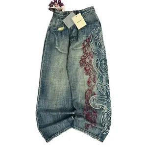 Y2K American New Pattern Embroidery Blacks Baggy Jean Boys Men High Street Vintage Hip Hop Fashion Casual Joker Couple Wide-leg