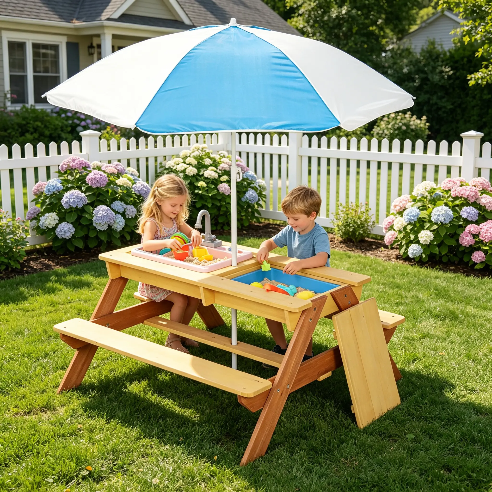 100% Cedar Wood Rectangular Kids Picnic Table Set - Convertible Indoor/Outdoor Multifunctional Sand-Water Activity Table with Foldable Umbrella, Durable Bench-Included Play Furniture, Reach Tested Ideal Birthday Gift