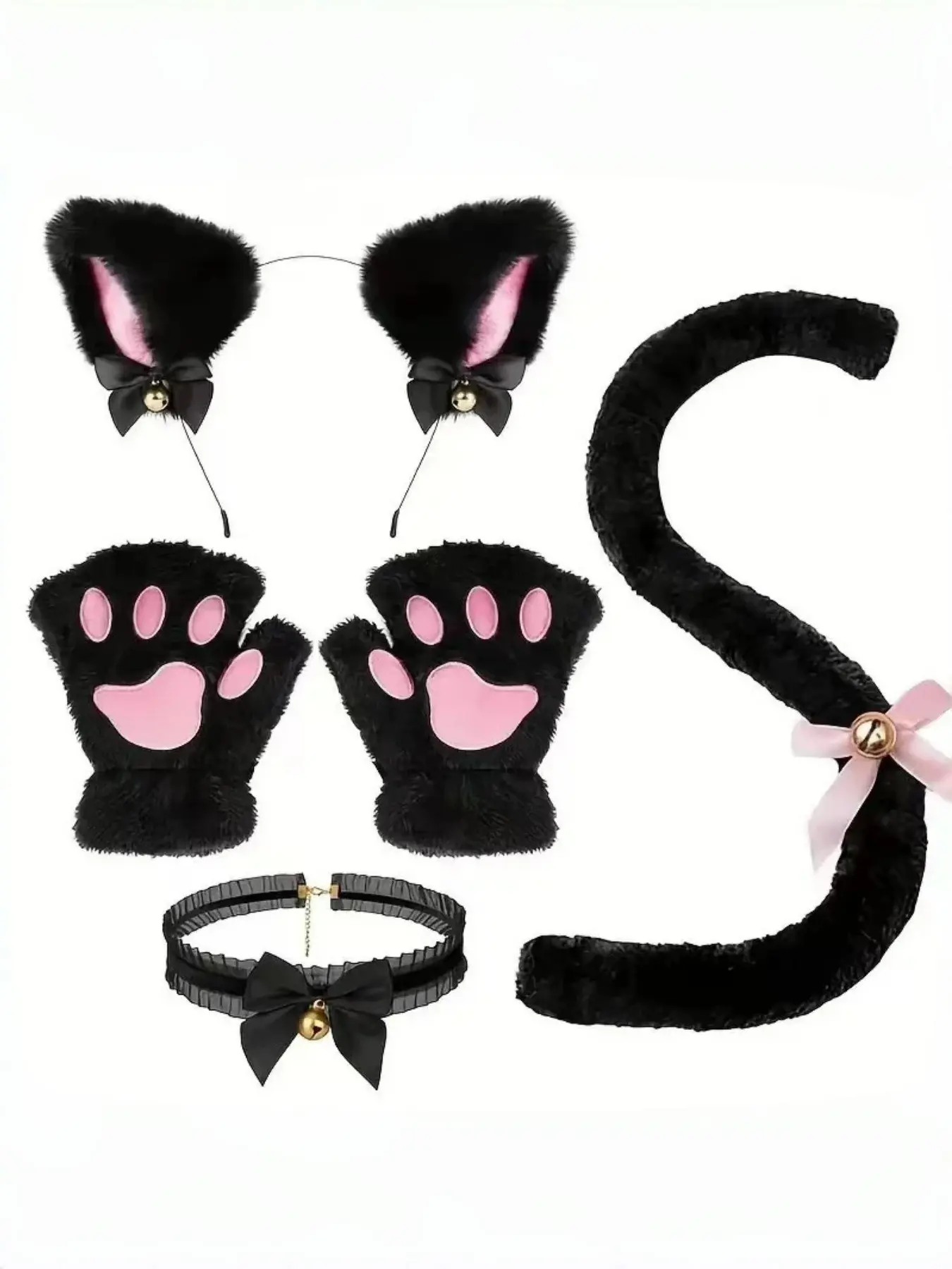 Handmade Fluffy Cat Ears, Paw Gloves, Bell Tail & Choker, Womenswear, Ideal for Dance Performances, Cute Kitty Themed Party Cosplay Accessories Set for Halloween