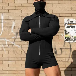 INCERUN Men's Fall/Winter Cyber Y2K Romper Jumpsuit Hooded Mask Ribbed Bodysuit Front Zipper Shorts Streetwear, Street Style, Jumpsuit Outfit,summervibes