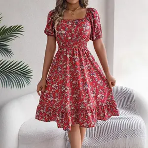 2025 spring and summer casual fashion floral square neck short sleeve waist ruffle edge A-shaped skirt, women's clothing
