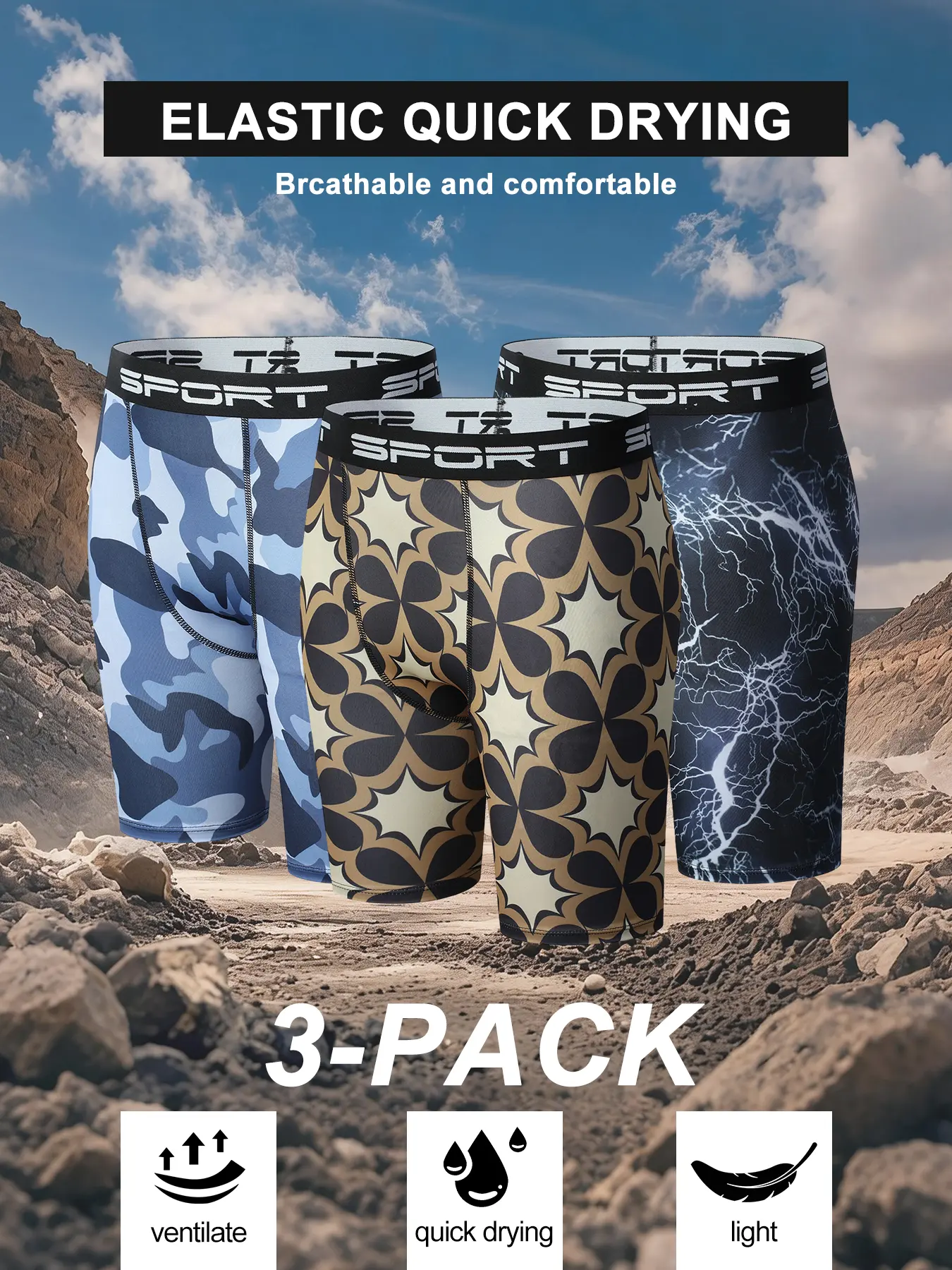 Male Multi-Print Compression Shorts, 3-Pack/6-Pack, 4-Way Stretch Fit Performance Underwear for Gym, Running & Active Sports Gym Fitness Shorts Performance Training Shorts