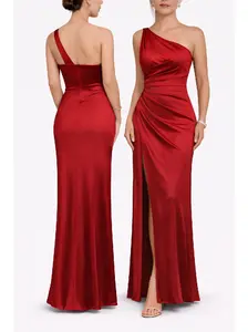 Rosegalette Women's Sexy One Shoulder Satin High Split Cocktail Fit Wedding Party Maxi Formal Dress