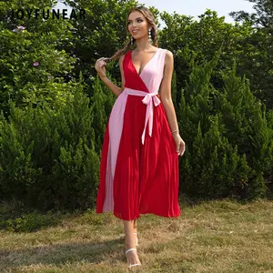 Joyfunear Ladies' casual contrasting pleated sleeveless dress