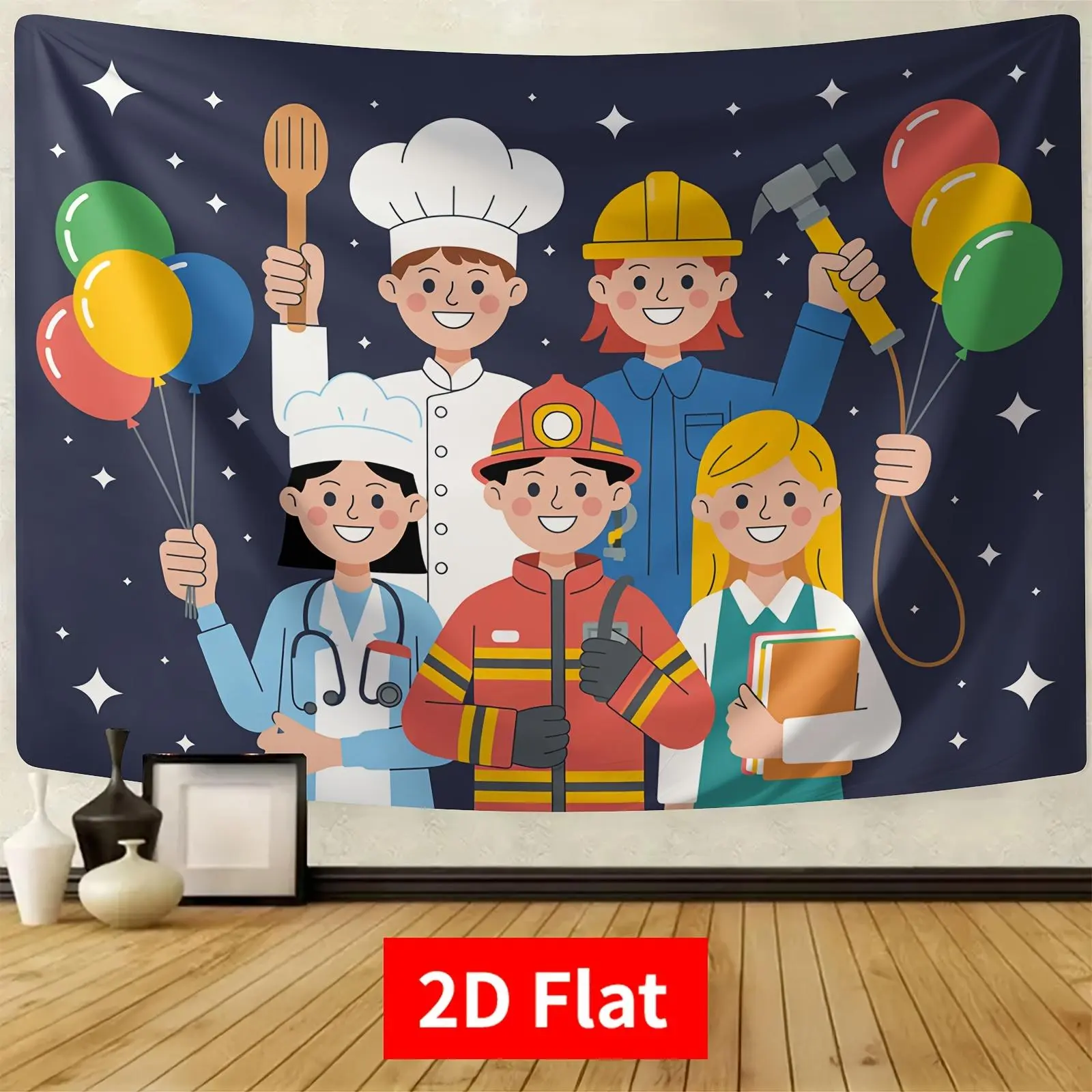 Career Theme Decor Tapestry Backdrop - 2D Flat Workforce Illustration Banner with Professional Icons, Room Hanging Photo Prop, Ideal for Labor Day, Career-Themed Events, Gift Option, Print