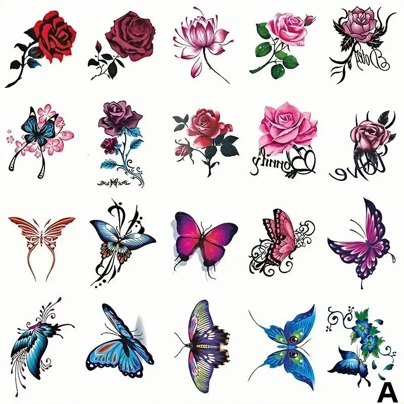 Butterfly & Rose Pattern Temporary Fake Tattoo Sticker, 20pcs Water Transfer Temporary Tattoo Decals, Body Art Decoration for Women & Girls, Sticker Tattoos