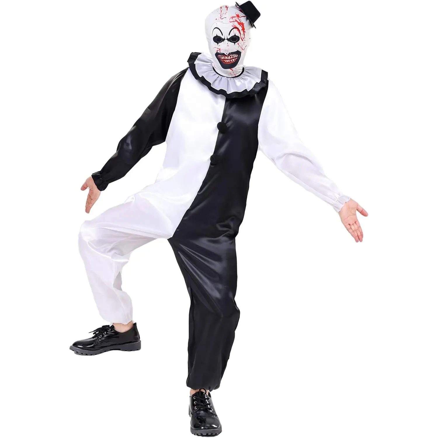 OEBLD Unisex Kids' Clown Jumpsuit - Black and White Halloween Scary Killer Cosplay Gear, Party Costume for Parties, with Mask-Hat, Coordinated Costume Set, Halloween Horror Masks, Long Sleeve, Polka Dot, Clown Costume