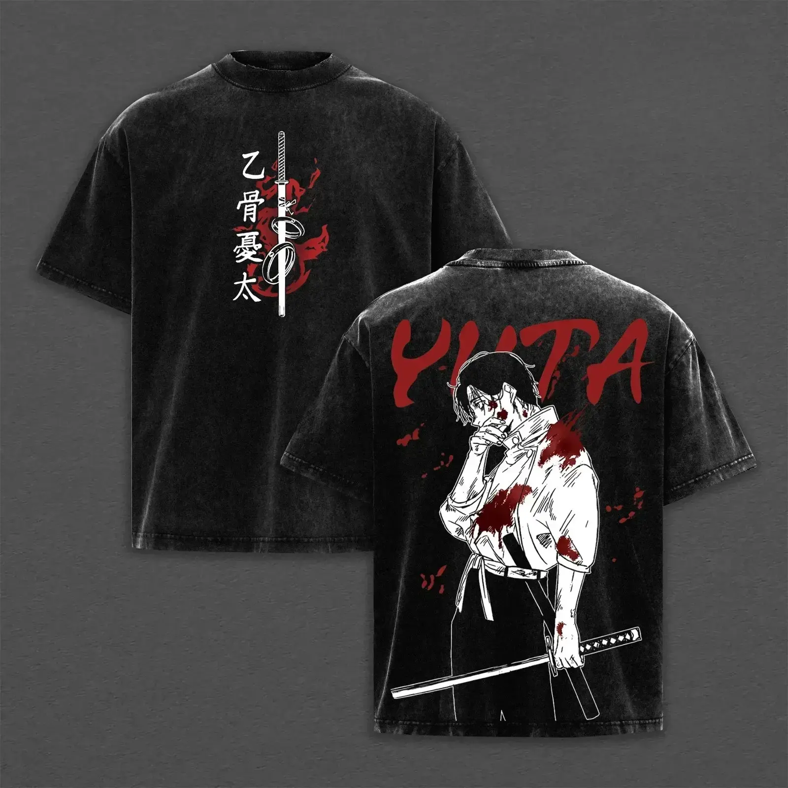 Yuta Okkotsu Graphic Tshirt for Men in Soft Heavyweight Washed Cotton, Oversized Streetwear Fit with a Ribbed Round Neck, Graphic Print, Washed T-Shirt, Heavyweight Tee